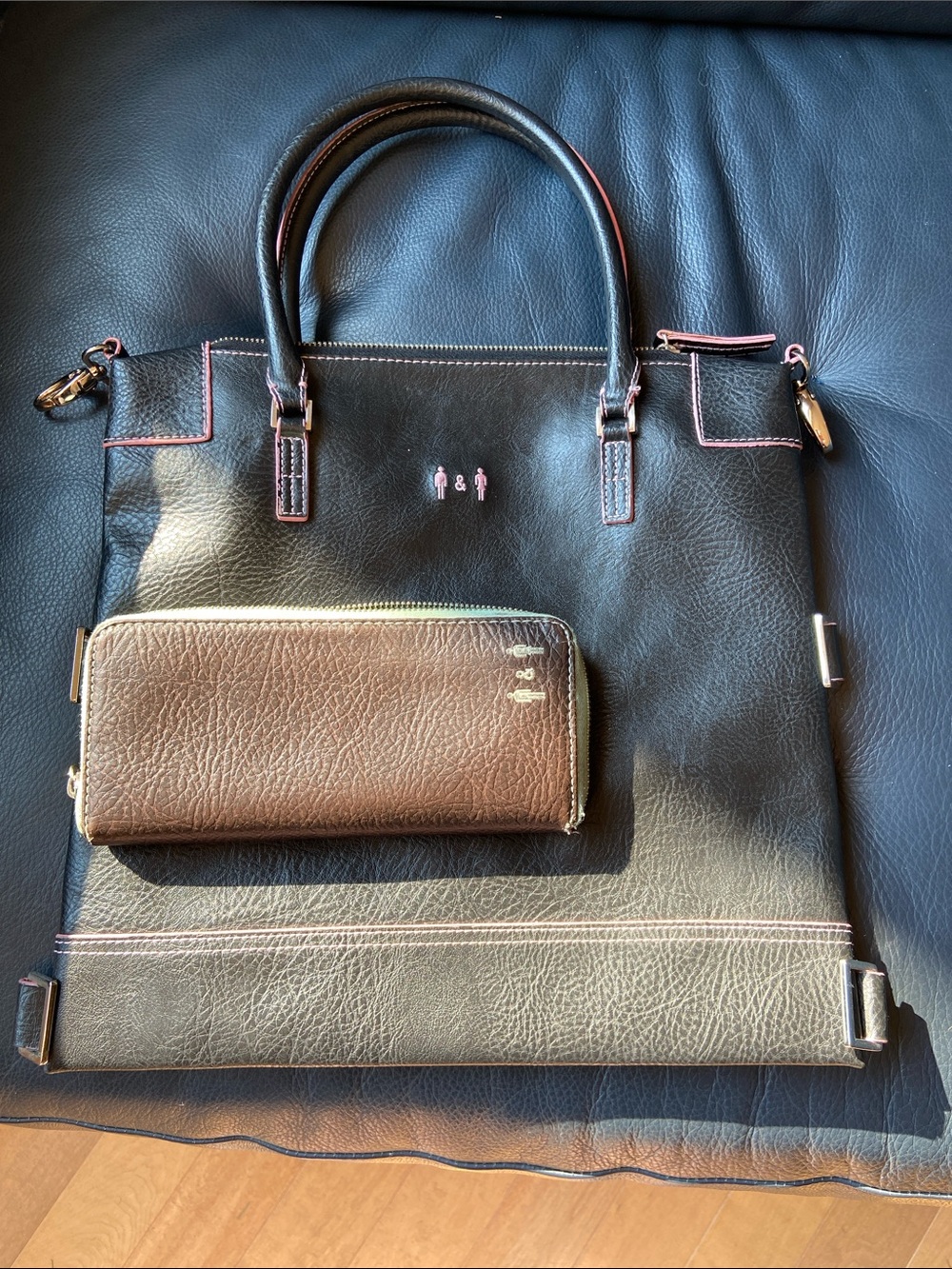Black Vegan Leather Tote with Pink Stitching & Brown Zip Wallet